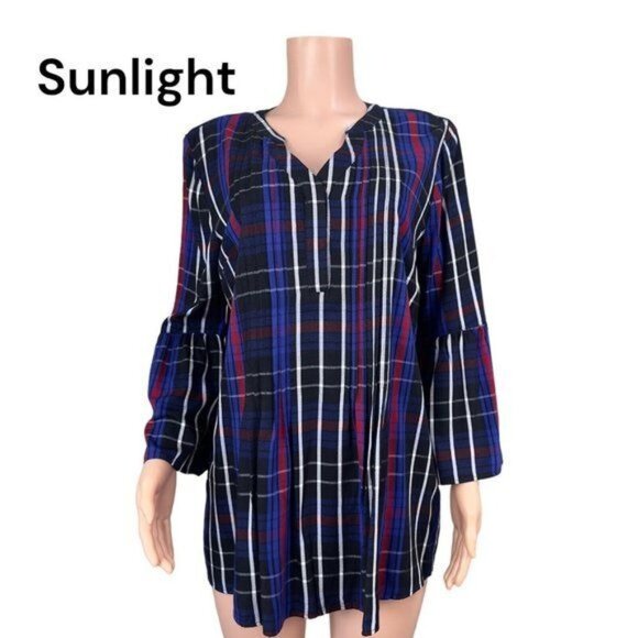 New Directions 100%Rayon Colorful Plaid Loose Fit Flowy Tunic Top Women’s SZ L - Picture 1 of 16